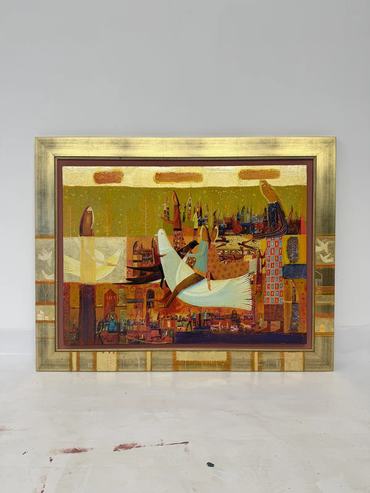 Obraz Jeździec na białym gołębiu autorstwa Roman Opaliński, rozmiar: 105x82, wykonany z olej/drewno, medium Malarstwo, z Miasteczko, cena: $4000 (≈ 179 204 грн) Zdjęcie 1 z 7.