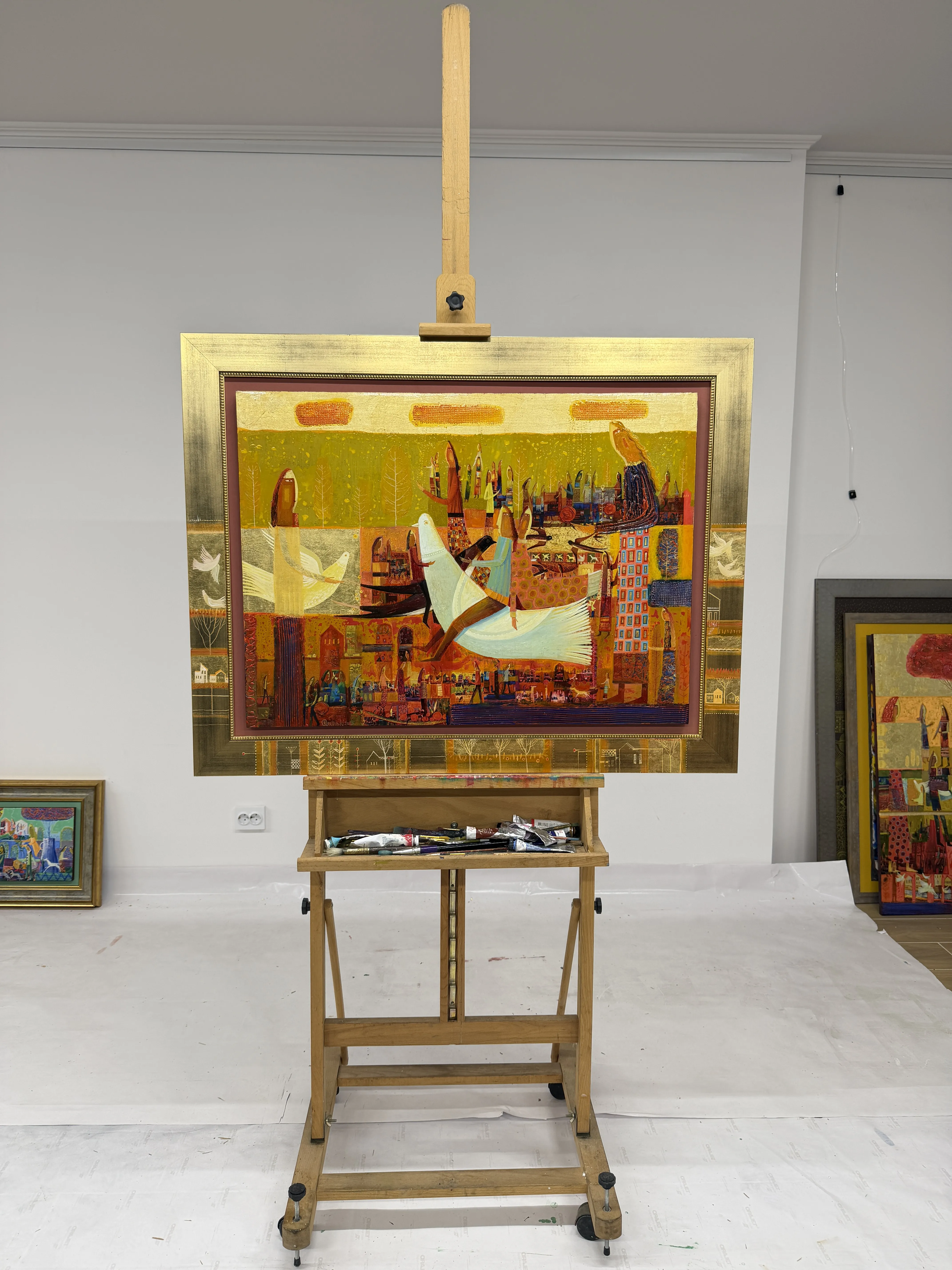 Obraz Jeździec na białym gołębiu autorstwa Roman Opaliński, rozmiar: 105x82, wykonany z olej/drewno, medium Malarstwo, z Miasteczko, cena: $4000 (≈ 179 204 грн) Zdjęcie 7 z 7.