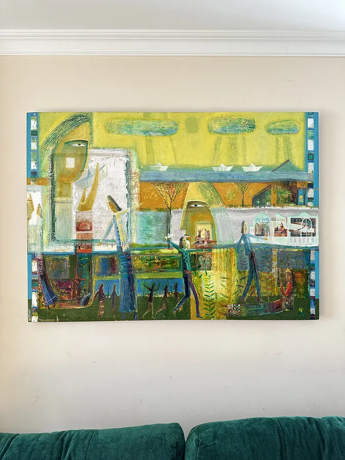Obraz Papierowe łódeczki autorstwa Roman Opaliński, rozmiar: 140x100cm, wykonany z olej/drewno, medium Malarstwo, z Miasteczko, cena: $5000 (≈ 224 005 грн)