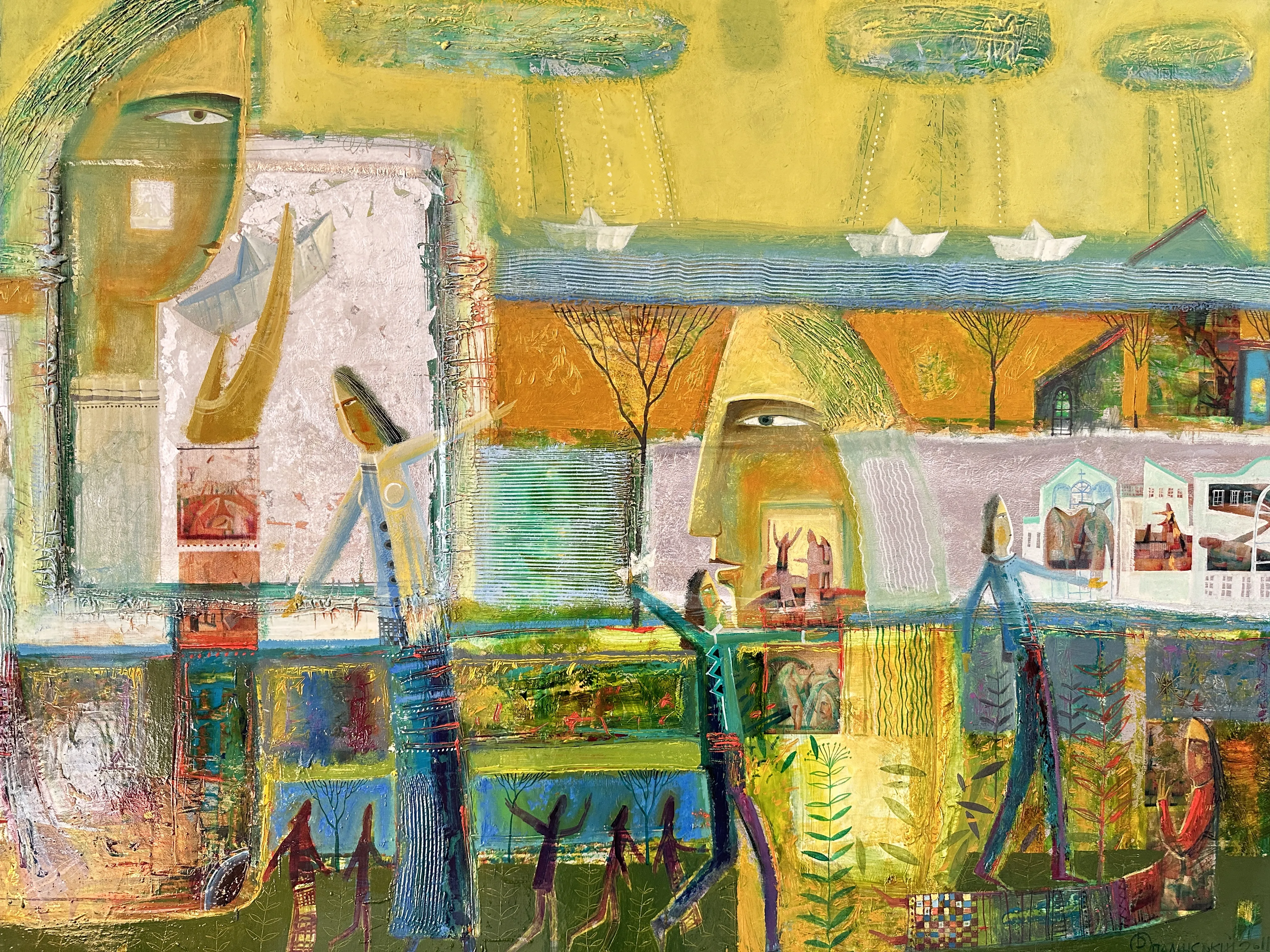 Obraz Papierowe łódeczki autorstwa Roman Opaliński, rozmiar: 140x100cm, wykonany z olej/drewno, medium Malarstwo, z Miasteczko, cena: $5000 (≈ 224 005 грн) Zdjęcie 3 z 11.
