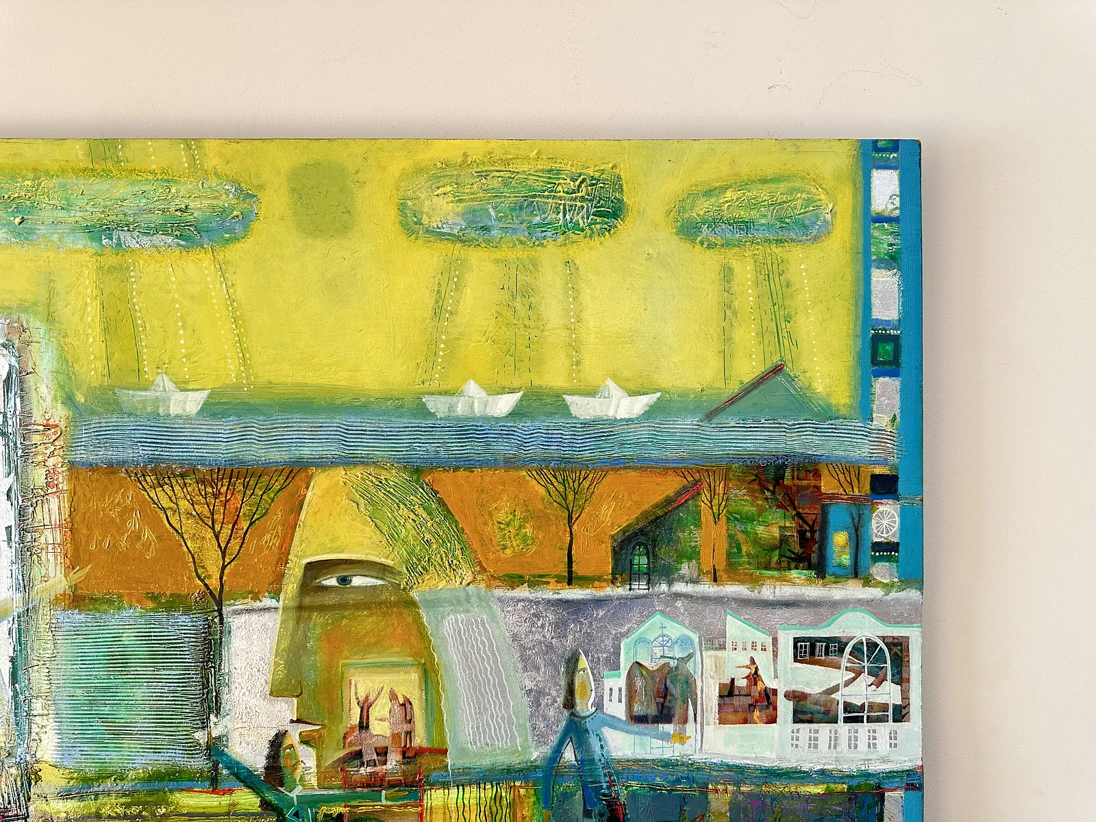 Obraz Papierowe łódeczki autorstwa Roman Opaliński, rozmiar: 140x100cm, wykonany z olej/drewno, medium Malarstwo, z Miasteczko, cena: $5000 (≈ 224 005 грн) Zdjęcie 4 z 11.