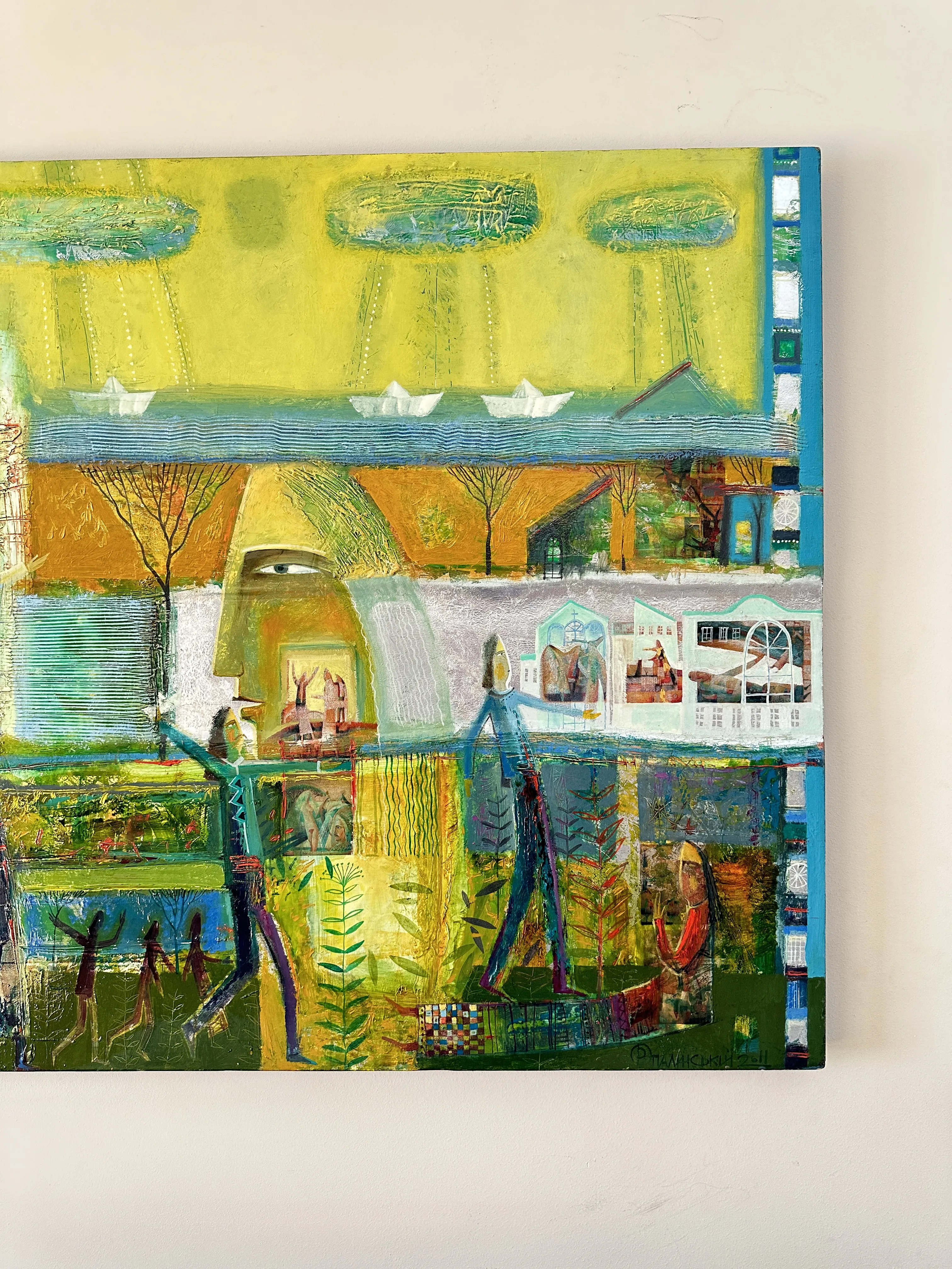 Obraz Papierowe łódeczki autorstwa Roman Opaliński, rozmiar: 140x100cm, wykonany z olej/drewno, medium Malarstwo, z Miasteczko, cena: $5000 (≈ 224 005 грн) Zdjęcie 10 z 11.