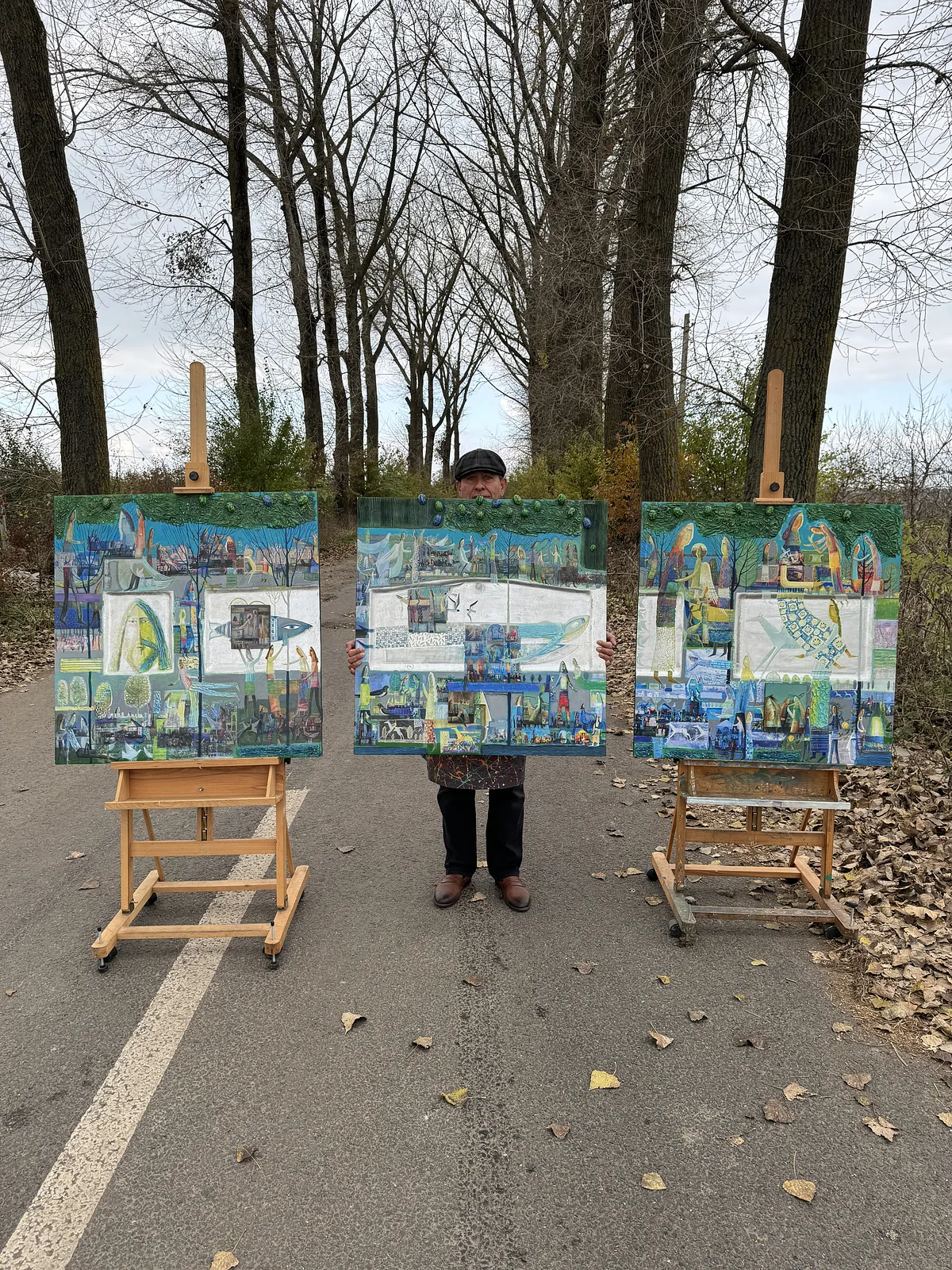 Obraz Tryptyk «Pieśń leśna» autorstwa Roman Opaliński, rozmiar: 273x93cm, wykonany z olej/drewno, medium Malarstwo, z Miasteczko, cena: $9000 (≈ 403 208 грн) Zdjęcie 1 z 8.
