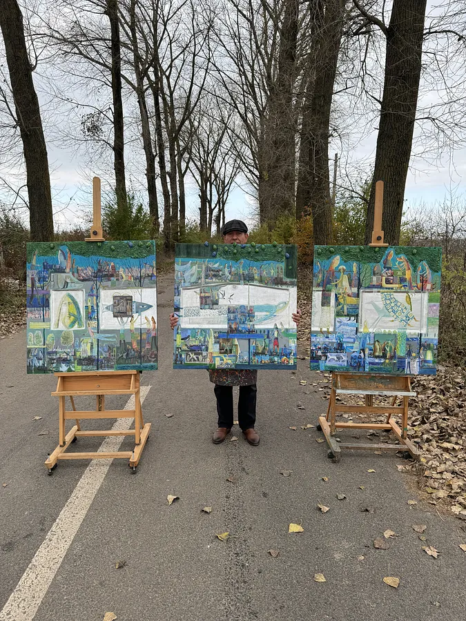 Obraz Tryptyk «Pieśń leśna» autorstwa Roman Opaliński, rozmiar: 273x93cm, wykonany z olej/drewno, medium Malarstwo, z Miasteczko, cena: $9000 (≈ 403 208 грн)